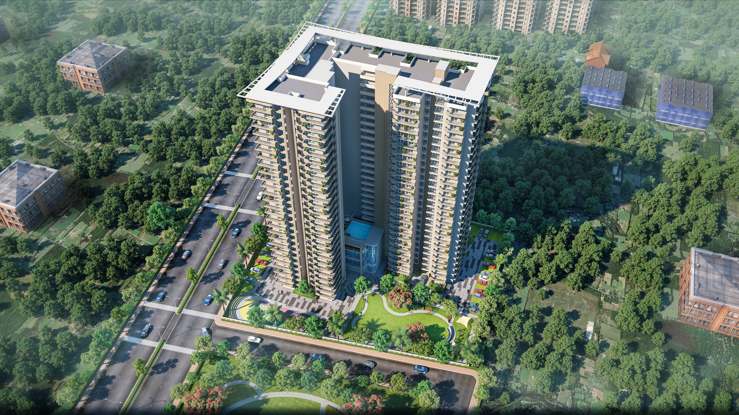 Aerial view of AIGIN Royal Park under construction on 2.5 acres at Aditya World City, NH-24 Ghaziabad, with two G+27-floor towers rising above the township