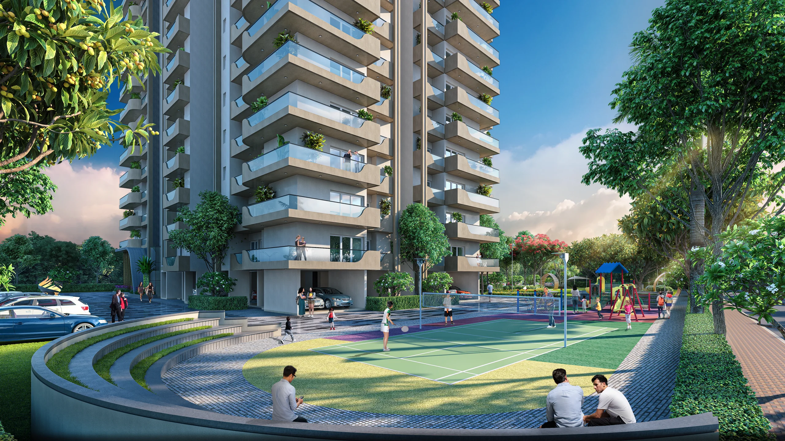 Amphitheatre seating in the landscaped grounds at AIGIN Royal Park, Aditya World City, NH-24 Ghaziabad