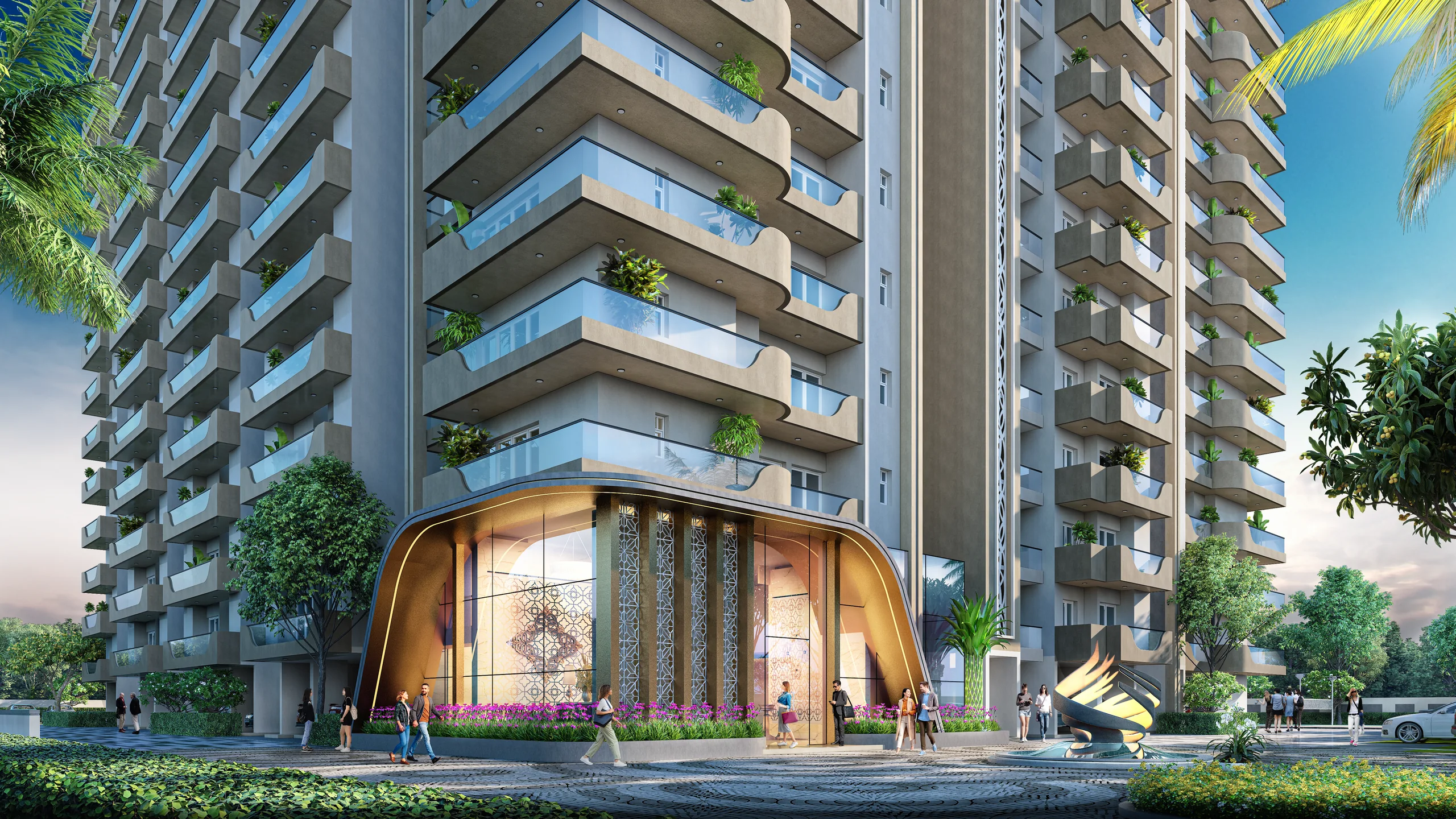 Arrival court at AIGIN Royal Park, NH-24 Aditya World City Ghaziabad: the illuminated double-height tower entrance canopy and sculptural water feature below planted balconies