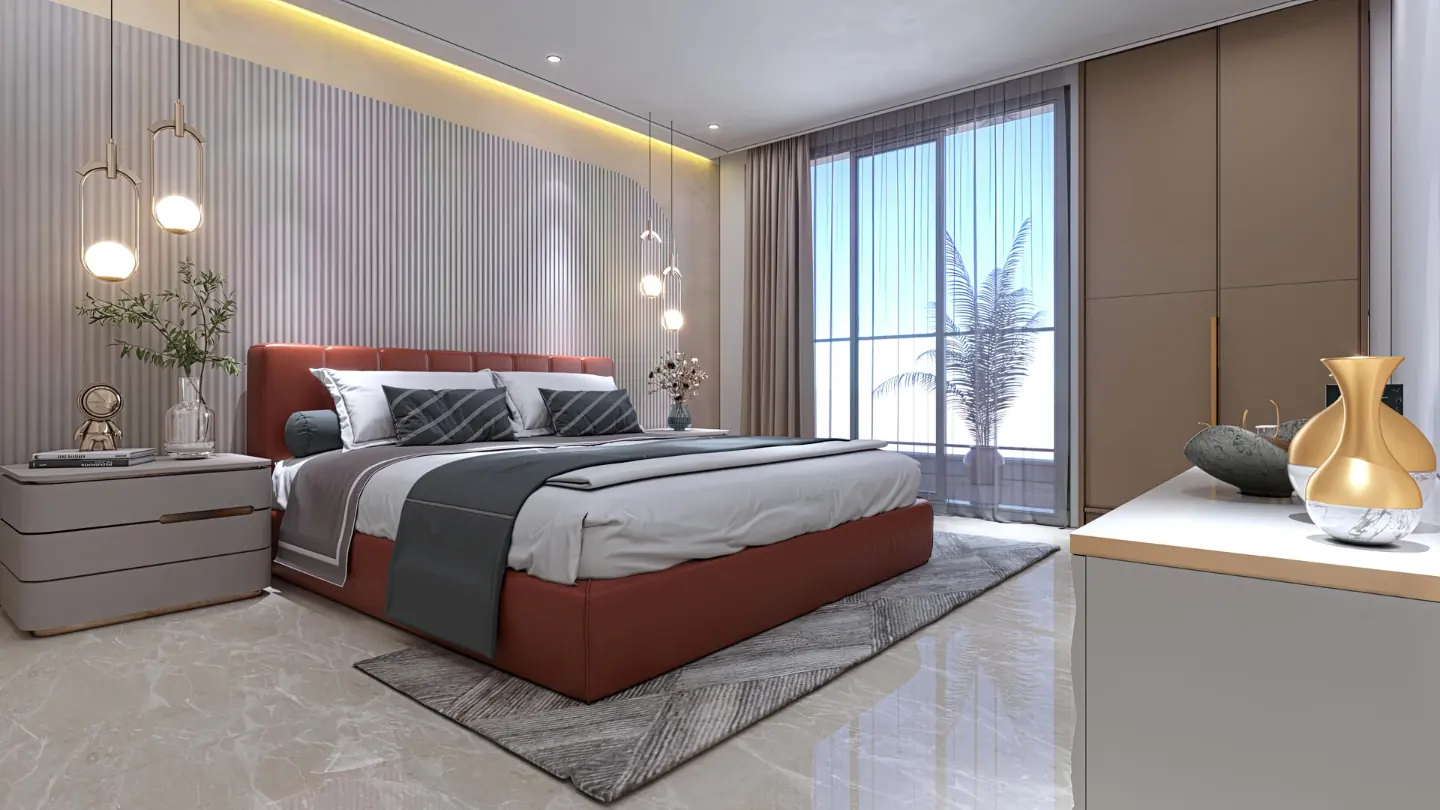 Second bedroom at AIGIN Royal Park, Ghaziabad, sized for a king bed with a fitted wardrobe and balcony access