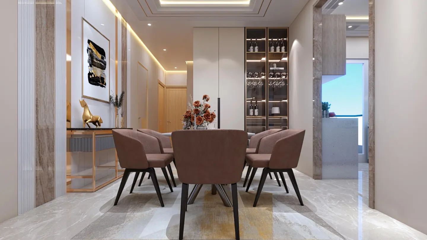 Dining area of a luxury apartment at AIGIN Royal Park, Aditya World City Ghaziabad, opening off the living room