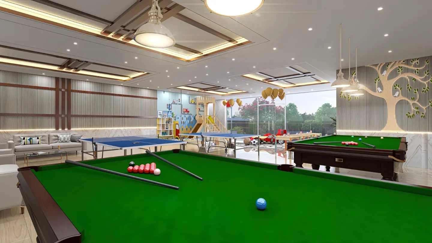 Indoor games area on the second floor of the AIGIN Royal Park clubhouse, Aditya World City Ghaziabad, with billiards and table games