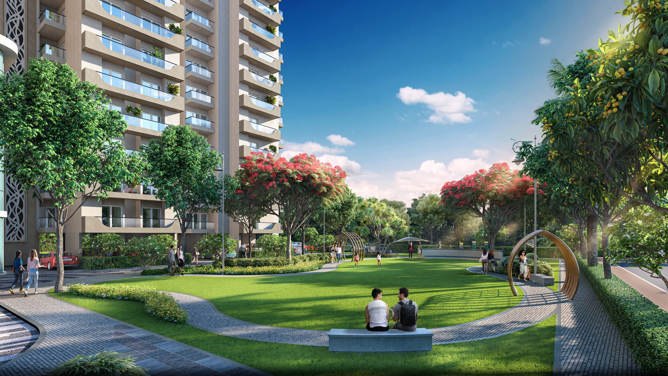 Landscaped green spaces and tree-lined walkways between the twin towers at AIGIN Royal Park, Aditya World City, NH-24 Ghaziabad