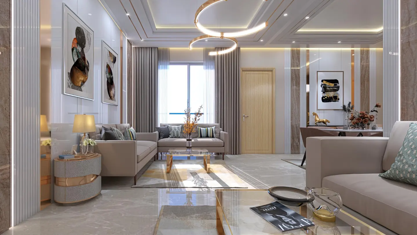 Living and dining area of a 4 BHK luxury apartment at AIGIN Royal Park, NH-24 Ghaziabad, with vitrified tile flooring and full-height glazing onto a recessed balcony