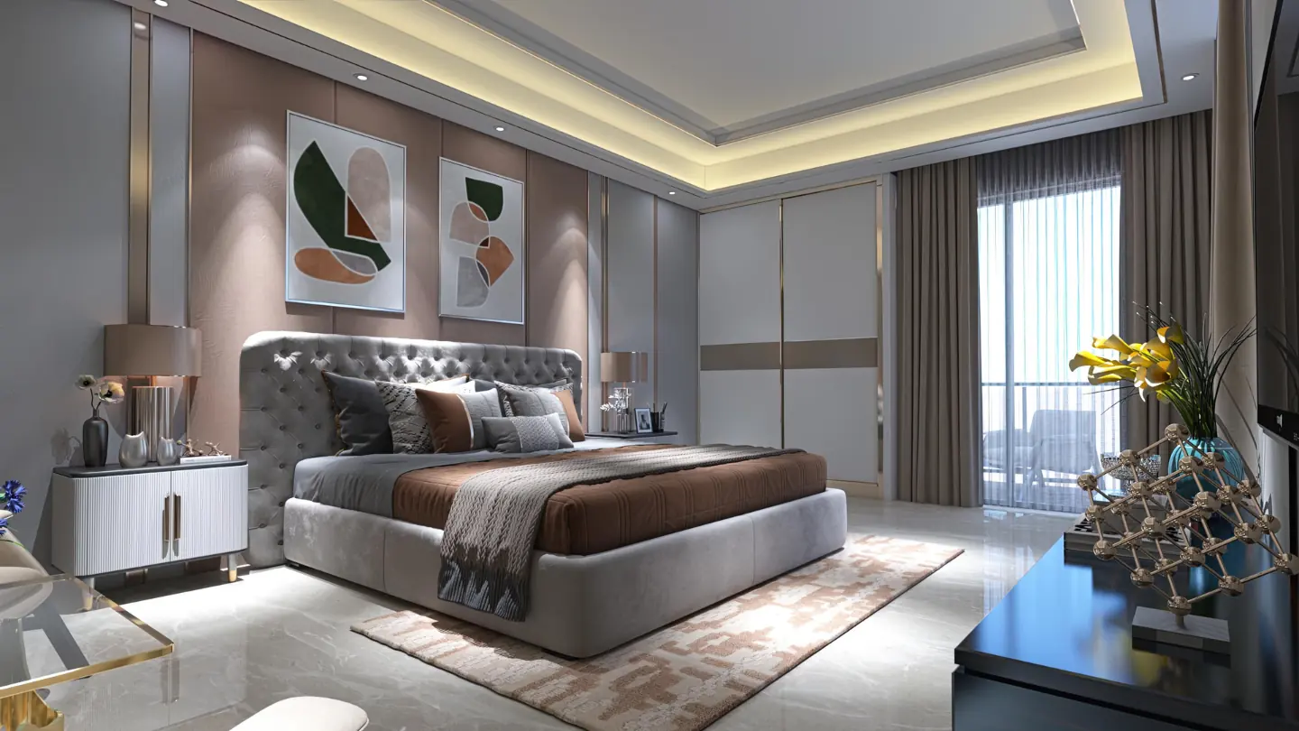 Master bedroom of a 3 BHK apartment at AIGIN Royal Park, Ghaziabad, with direct balcony access, wardrobe run and air-conditioning provision