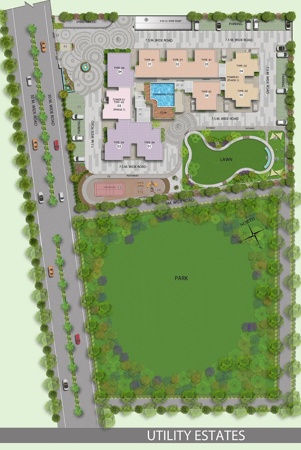AIGIN Royal Park master plan, Ghaziabad: site layout of two G+27 towers, the five-level clubhouse, landscaped podium and central park across 2.5 acres