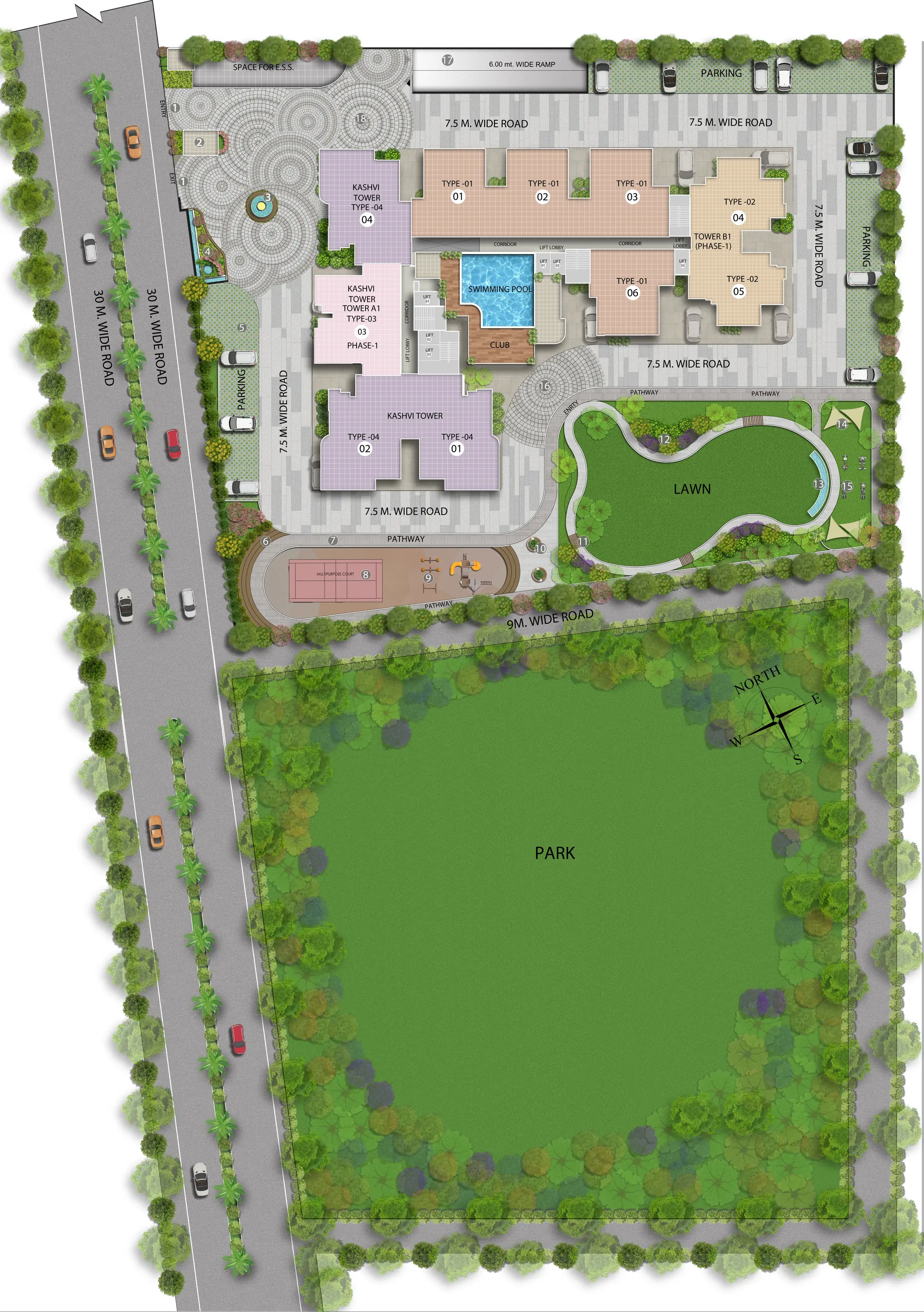 AIGIN Royal Park site plan, Aditya World City NH-24 Ghaziabad: two G+27 towers with the numbered landscape key, clubhouse and swimming pool over the podium, the multipurpose court and lawn, and the park beyond the 9 m road