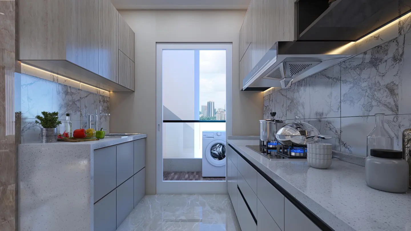 Modular kitchen in a 3 BHK at AIGIN Royal Park, NH-24 Ghaziabad, with stone counter, tiled dado and an adjoining utility balcony