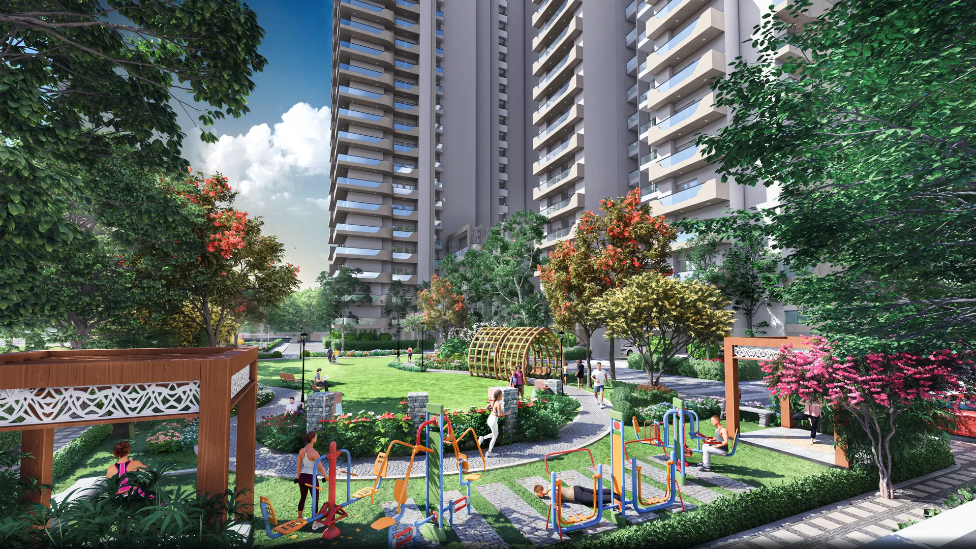 Open gym and outdoor fitness equipment on the landscaped podium at AIGIN Royal Park, NH-24 Ghaziabad, with a timber pergola walk and lawn below the towers