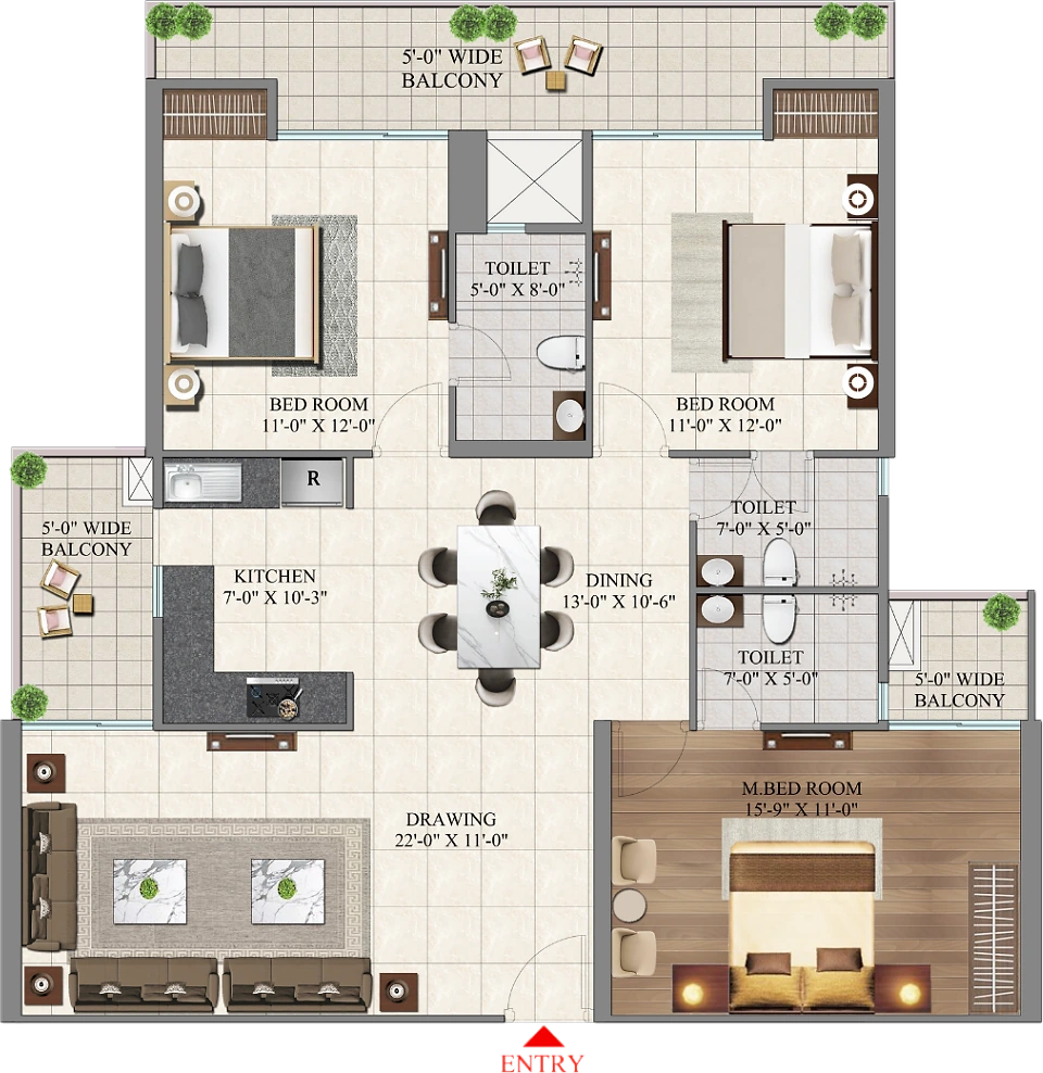 3 BHK Type 1 floor plan at AIGIN Royal Park, Ghaziabad: 1,925 sq ft, three bedrooms, three bathrooms, 22 ft living room and a 209 sq ft balcony