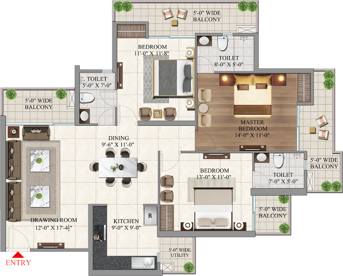 3 BHK Type 2 floor plan at AIGIN Royal Park, Ghaziabad: 1,895 sq ft, three bedrooms, a 273 sq ft balcony and a separate kitchen utility