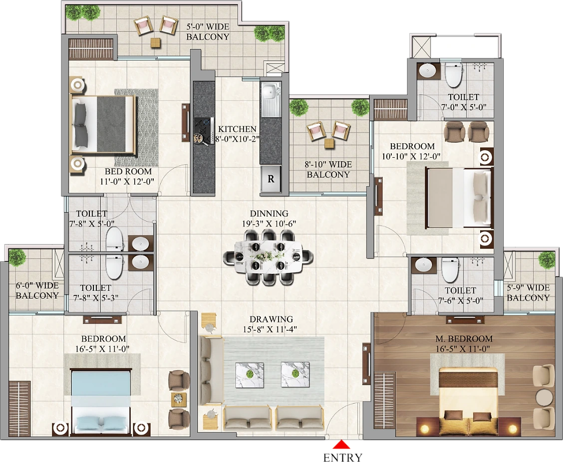 4 BHK Type 1 floor plan at AIGIN Royal Park, Ghaziabad: 2,475 sq ft, four bedrooms each with an attached bathroom around a 19 ft dining hall