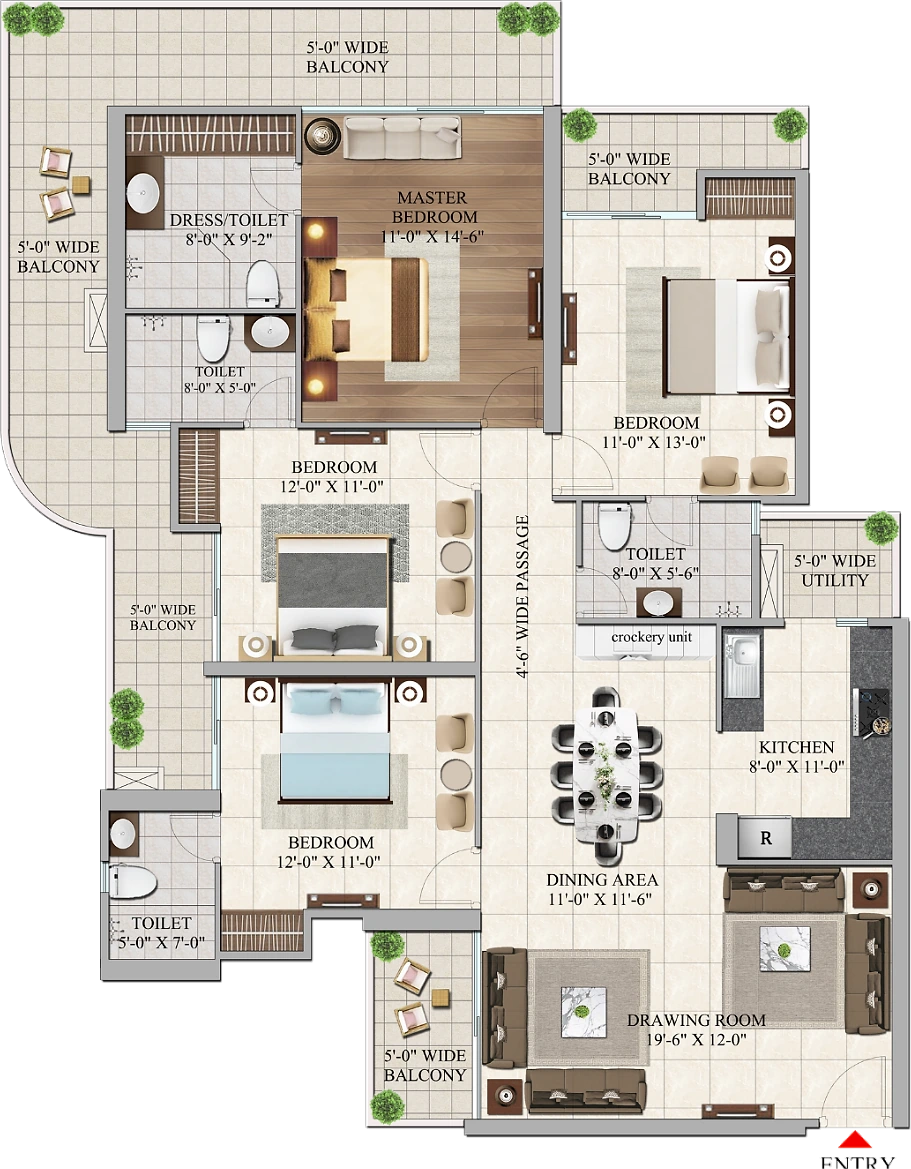 4 BHK Type 2 floor plan at AIGIN Royal Park, Ghaziabad: 2,575 sq ft, the largest layout, with a 429 sq ft balcony and dressing room off the master bedroom