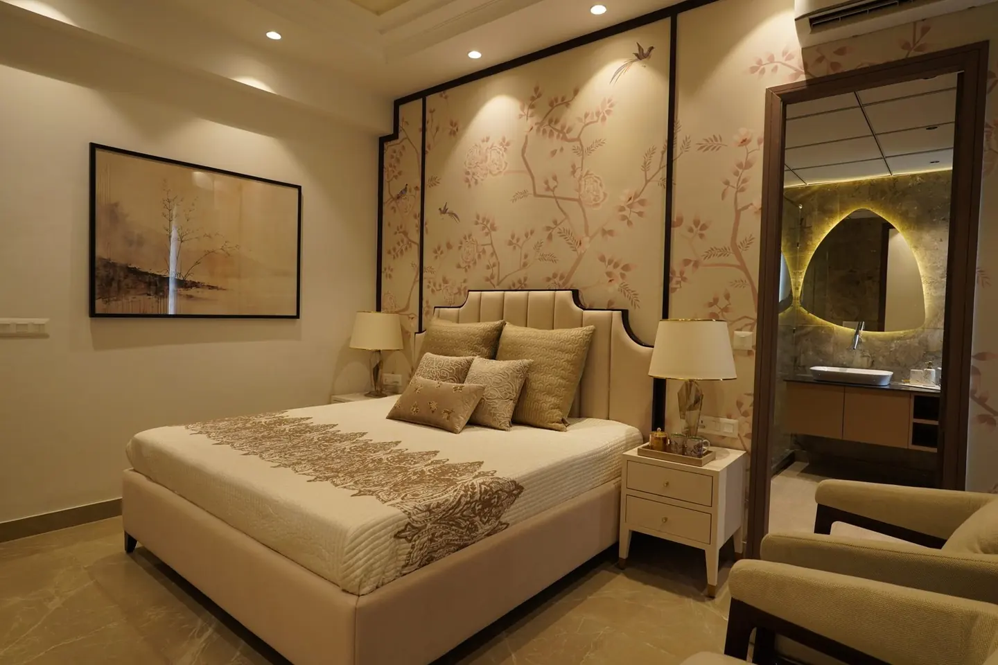 Photograph of the master bedroom in the completed AIGIN Royal Park sample apartment at the NH-24 site office, Ghaziabad